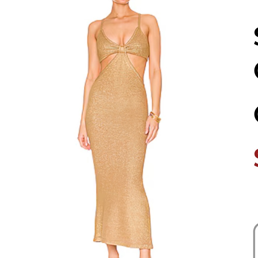 New Cult Gaia Serita Knit Dress in Gold L Midi Halter Cutout